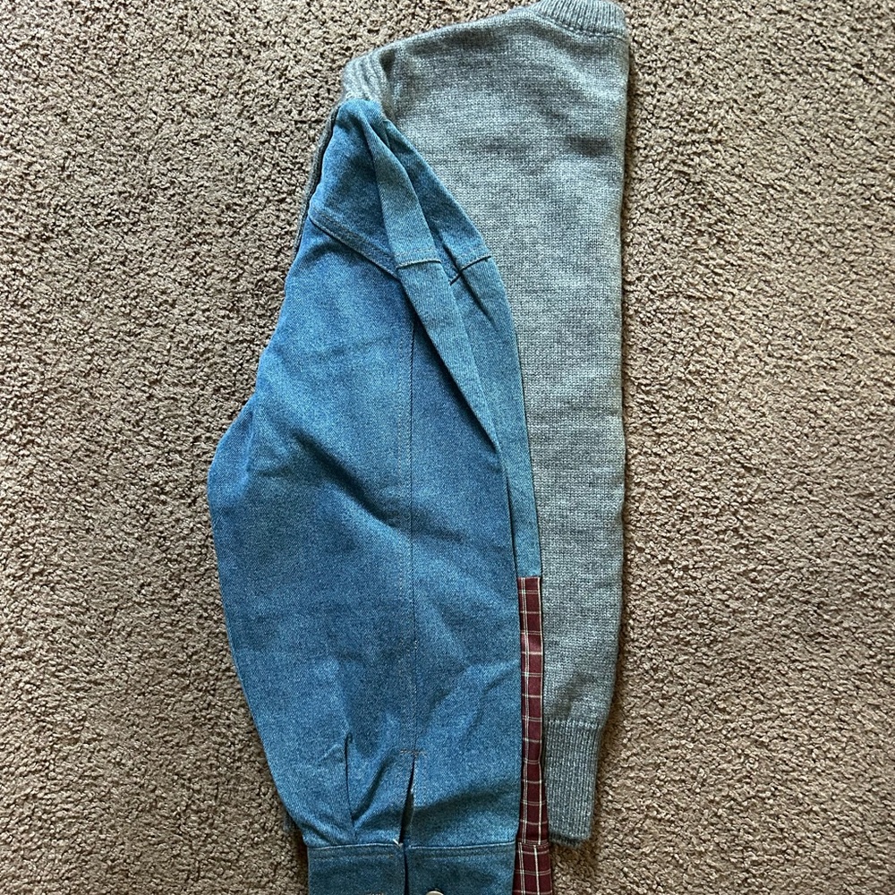 CIDER Heather Gray Knit Sweater Top with denim sleeve and plaid button sleeve. - Picture 4 of 4